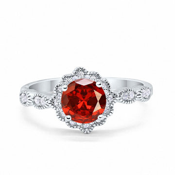 Floral Art Engagement Ring Simulated Garnet Cubic Zirconia 925 Sterling Silver